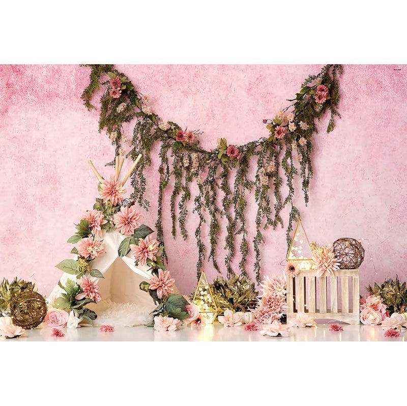 DASHAN 7x5ft Polyester Pink Flowers Photo Backdrop Girls Floral Photography Backdrop Birthday Interior Background Party YouTube Photo Props Pink Flowers Girl Tapestry - Image 1